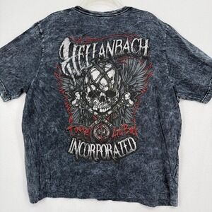 Hellanbach Graphic T-Shirt Mens XL Gray Acid Wash Skull Wings‎ To Hell And Back